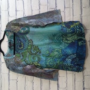 Style & Co. Turquoise Blue Green Shimmer Lace 3/4 Sleeve Top Women's Size Large